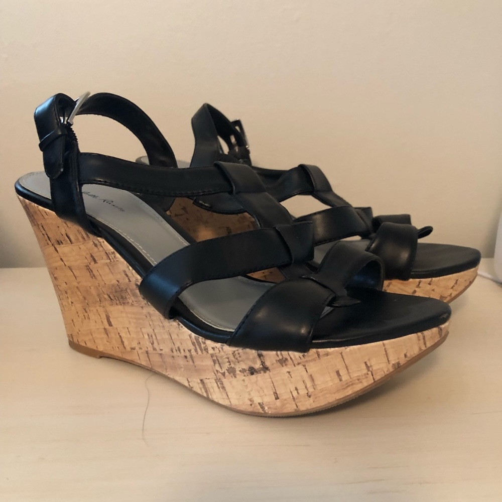 Black faux leather wedge